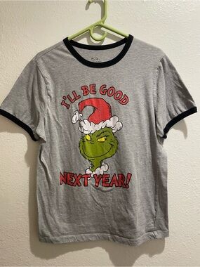 🎅 Dr Seuss THE GRINCH "I'll Be Good Next Year!" Ringer Tee Holiday Shirt S